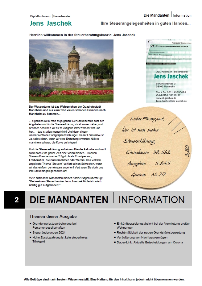 Steuerberatung Jens Jaschek, Mannheim: Mandanteninformation Ausgabe 1/2024 (Januar/Februar)