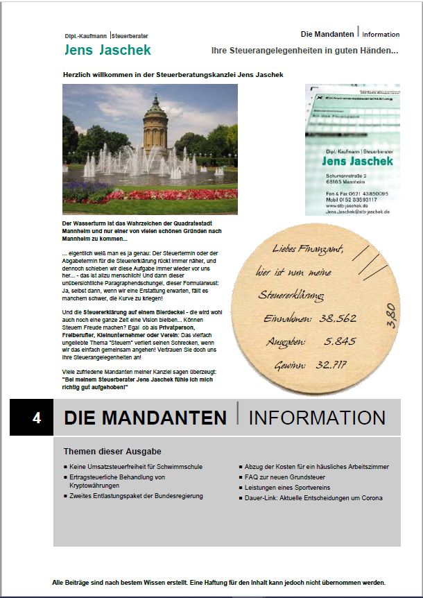 Steuerberatung Jens Jaschek, Mannheim: Mandanteninformation Ausgabe 4/2022 (Juli/August)