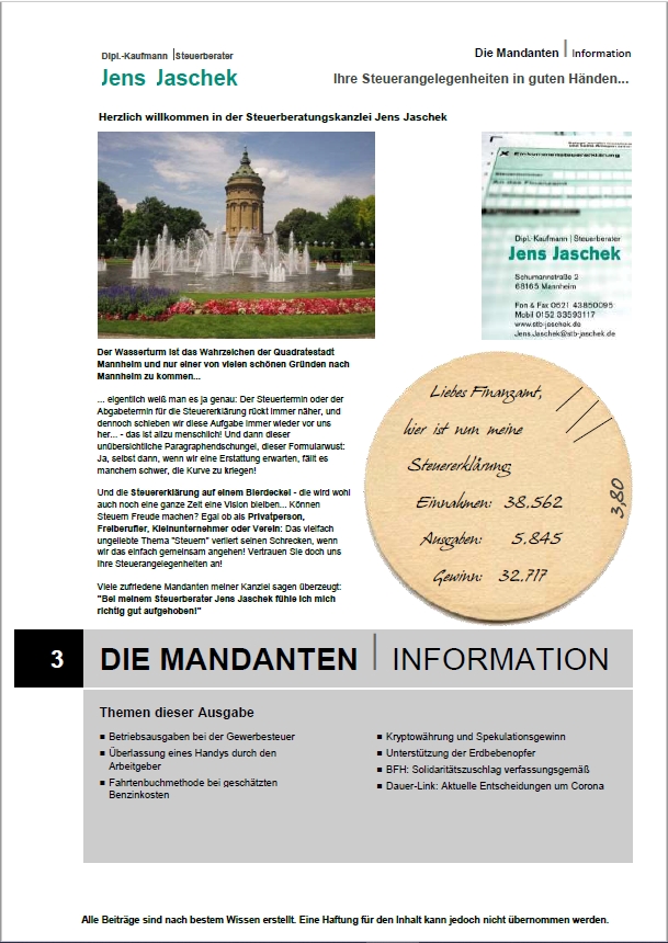 Steuerberatung Jens Jaschek, Mannheim: Mandanteninformation Ausgabe 2/2022 (März/April)