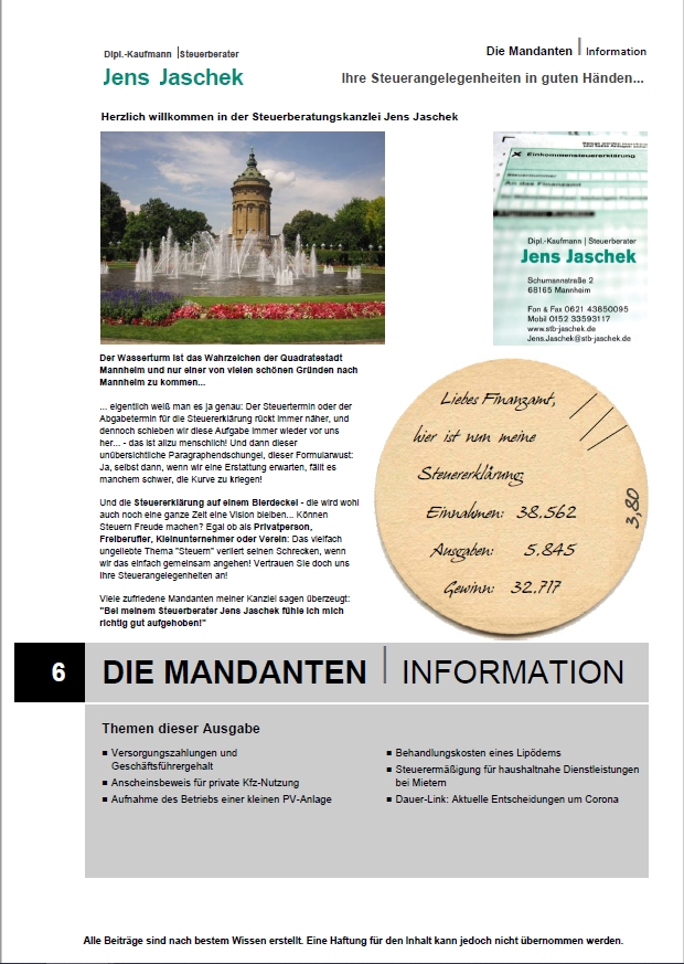 Steuerberatung Jens Jaschek, Mannheim: Mandanteninformation Ausgabe 6/2023 (November/Dezember)