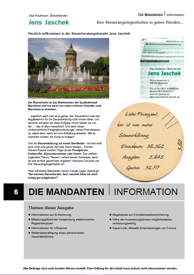 Steuerberatung Jens Jaschek, Mannheim: Mandanteninformation Ausgabe 1/2024 (Januar/Februar)