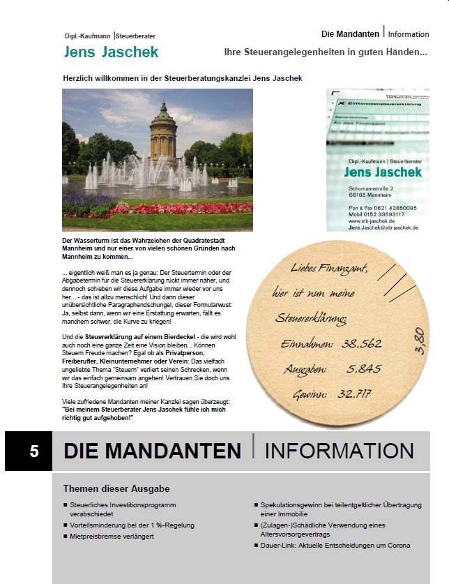 Steuerberatung Jens Jaschek, Mannheim: Mandanteninformation Ausgabe 4/2025 (Juli/August)