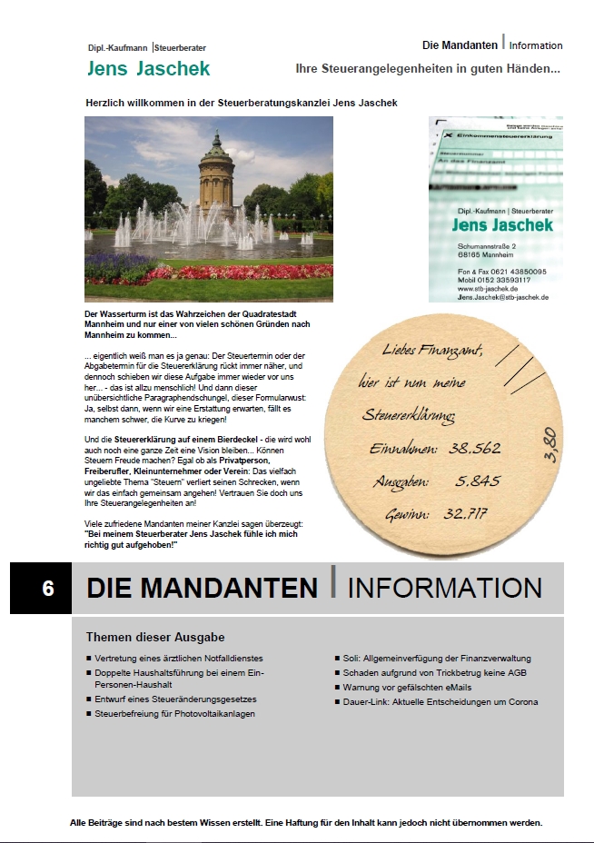 Steuerberatung Jens Jaschek, Mannheim: Mandanteninformation Ausgabe 4/2025 (Juli/August)