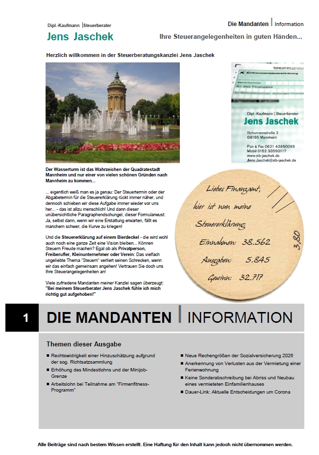 Steuerberatung Jens Jaschek, Mannheim: Mandanteninformation Ausgabe 1/2026 (Januar/Februar)