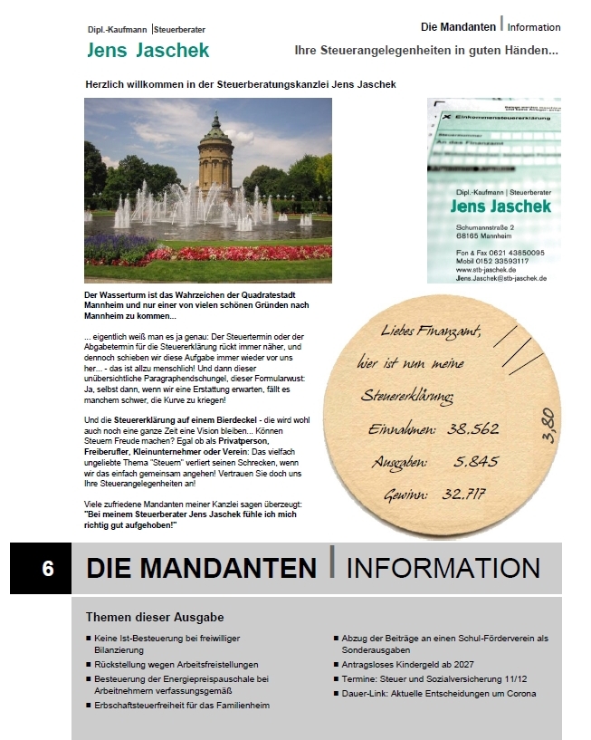 Steuerberatung Jens Jaschek, Mannheim: Mandanteninformation Ausgabe 6/2026 (November/Dezember)